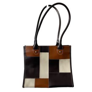 Y2K Black Rivet Brown Leather Patchwork Long Handle Shoulder Bag